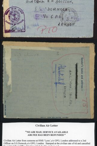 HMS Lynx hand stamp NO AIR MAIL SERVICE AVAILABLE AIR FEE HAS BEEN REFUNDED