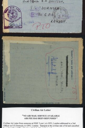 HMS Lynx hand stamp NO AIR MAIL SERVICE AVAILABLE AIR FEE HAS BEEN REFUNDED