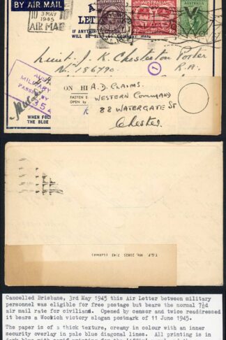 Australia 1945 Airletters between Military personnel were free but 7.5drate paid