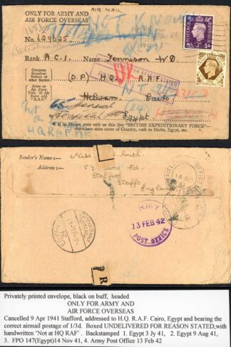 GB to Egypt 1941 Privately Printed Envelope UNDELIVRED