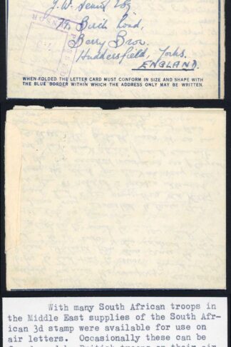 MEF British Censored Airletter to the UK franked with a South Africa 3d stamp