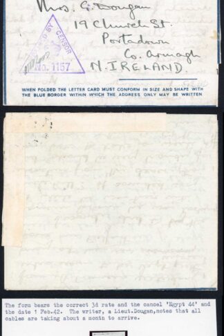 Egypt to 1942 Censored Airmail Lettersheet to Northern Ireland