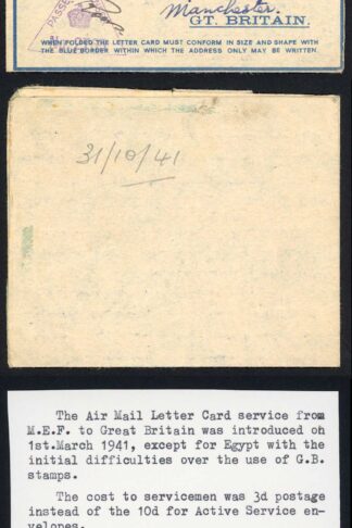 MEF to UK Oct 1941 Censored Air Mail Letter Card with UK Stamp