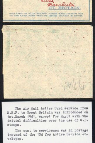Jerusalem to UK June 1941 Censored Air Mail Letter Card with UK Stamp