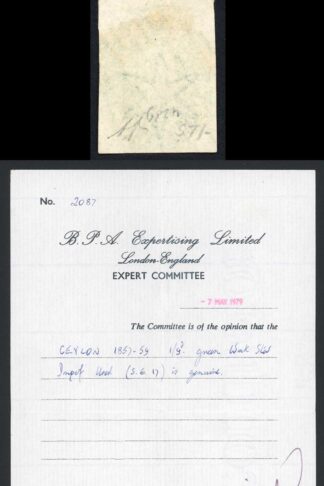 Ceylon SG17 1/9d Green SUPERB Example BPA Cert Cat from 800 pounds