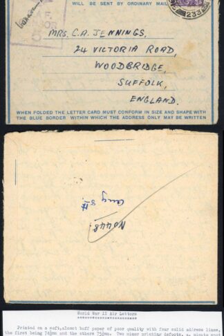 Jerusalem WWII Airmail Letter 1st Aug 1944 to Suffolk with RAF Censor mark
