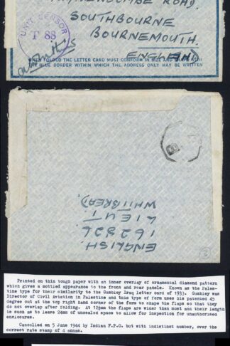 Indian FPO Airmail Letter 5th June 1944 correct rate stamp 4 annas Sensor Mark