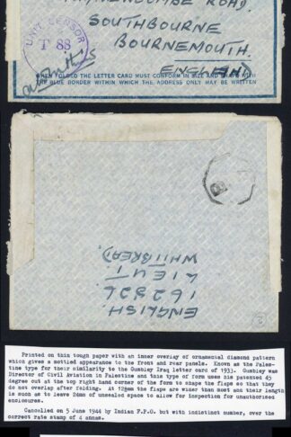 Indian FPO Airmail Letter 5th June 1944 correct rate stamp 4 annas Sensor Mark