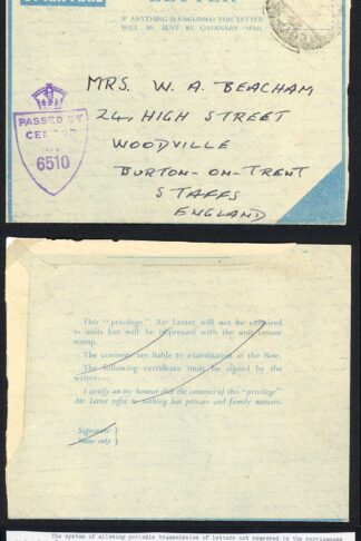Egypt Air Letter Aug 1945 Privilege letters with Censor Mark