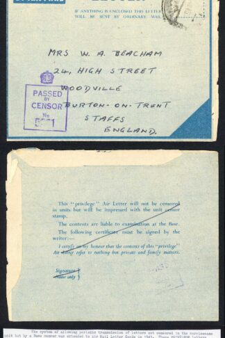 Egypt Air Letter Aug 1945 Privilege letters with Censor Mark