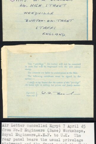 Egypt Air Letter 7th April 1945 Privilege Letter with Censor Mark Free Postage