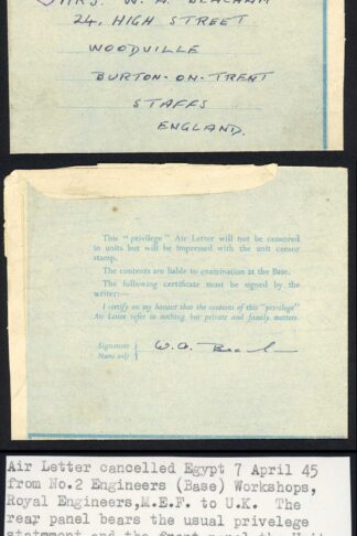Egypt Air Letter 7th April 1945 Privilege Letter with Censor Mark Free Postage
