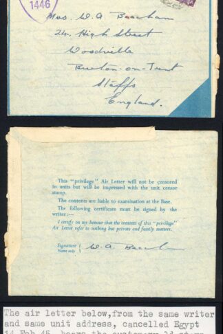 Egypt Air Letter 14th Feb 1945 Privilege Letter with Censor Mark