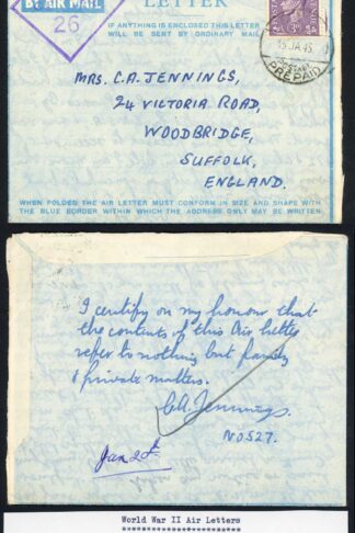 Egypt Air Letter 15th Jan 1945 given Privilege status and Honour Certificate