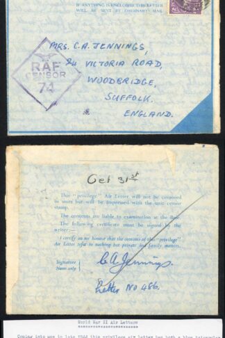Jerusalem Air Letter 25th Oct 1944 Privilege Air Letter with Honour Cert