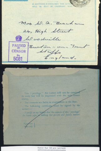 Egypt Privilege Air Letter 12th Sept 1945 with Honour Cert on Rear Pannel