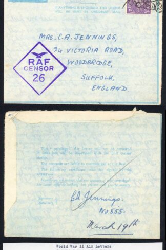 Egypt Privilege Air Letter 14th Feb 1945 with Honour Cert on Rear Pannel