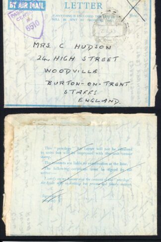 WWII Privilege Air Letter 25th Aug 1945 with Crown Shield Censor Mark