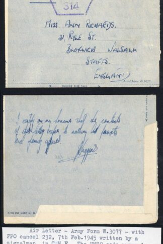 C.M.F Air Letter Army Form 7th Feb 1945 with RAF Censor Mark