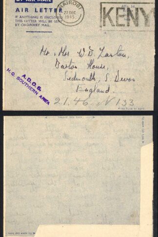 Nairobi Air Letter Army Form 37th Dec 1945 Used during Free Post Period