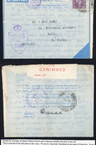 Syria Air Letter 13th Nov 1944 FPO 172 written by a Trooper of Spears Mission