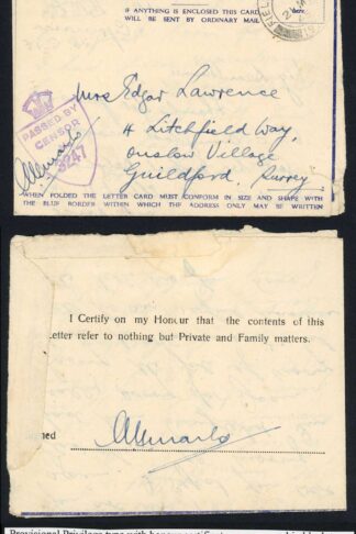Libya Privilege Air Letter 21st May 1945 Honour Cert on rear panel in black