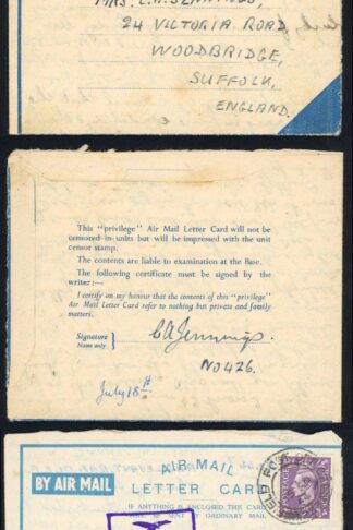 Levant 3 Privilege Airmail Letter June-Sept 44 Raf Censor 5 in different colours