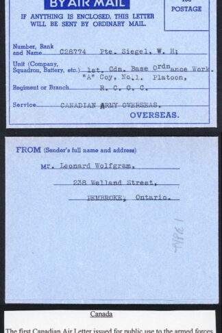 Canada Armed Forces Air Letter Addressed but not Used