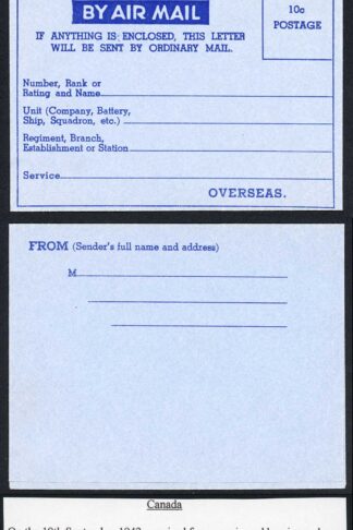 Canada Armed Forces Air Letter 19th Sept 1942 Mint