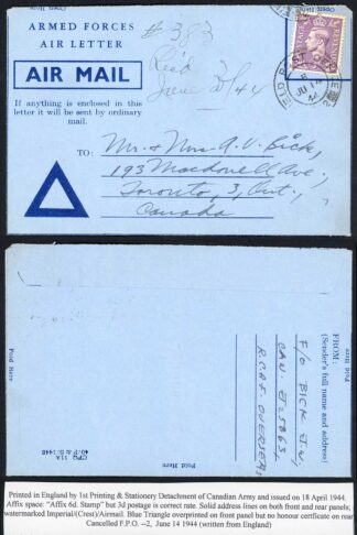 England Privilege Armed Forces Air Letter Cancelled FPO 2 14th June 44