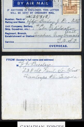 Columbia Armed Forces Air Letter Cancelled Kamloops Columbia 27th March 1943