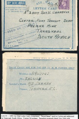 Ceylon 1944 NAVAL ISSUE Airmail Censored Lettercard