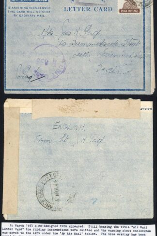 Indian Command April 1943 Censored Airletter sheet to Scotland