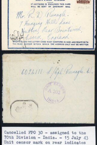 Indian Command April 1943 Censored Airletter sheet to England
