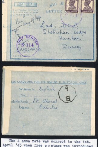 Indian Command 1943 India to England correct 4d rate