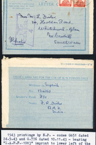 Indian Command 1943 Censored Airmail Letter to UK