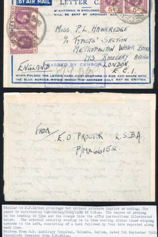 Ceylon 1942 forerunner Airmail Censored Lettercard to London