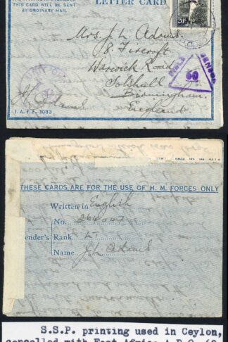 Ceylon 1943 Airmail Censored Lettercard