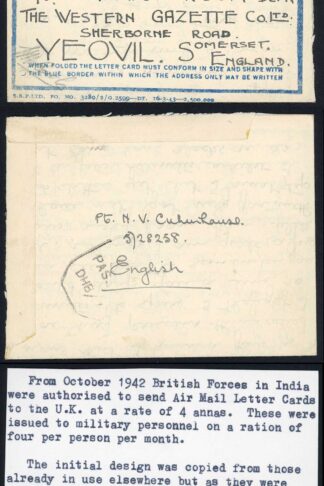 Indian Command 1943 Censored Airmail Lettersheet to USA