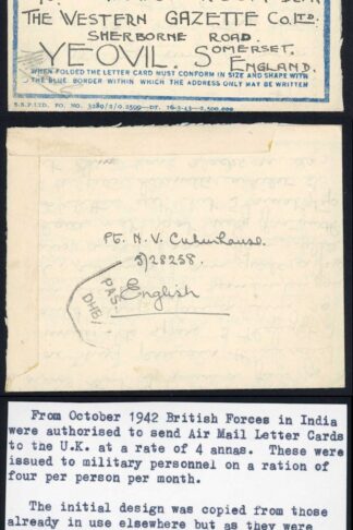 Indian Command 1943 Censored Airmail Lettersheet to USA