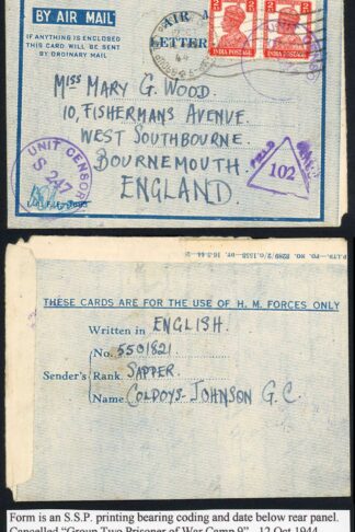 Indian Command 1944 Censored Lettersheet Group Two Prisoner of War Camp 9th Pmk