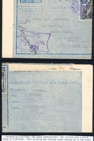 Indian Command 1943 Censored Airmail Lettersheet Ceylon Stamp used as the seal