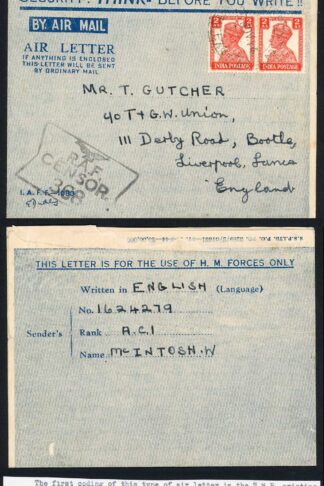 Indian Command 1944 RAF Censored Airmail Lettersheet