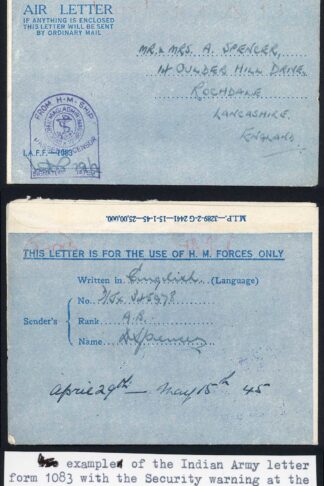 Indian Army Letter 1945 Ship Censored Airmail Lettersheet