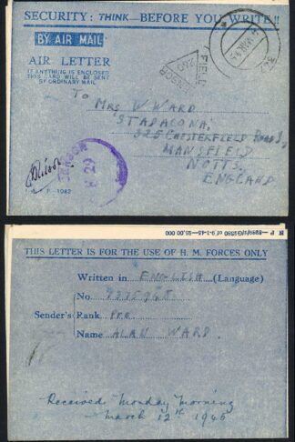 South East Asia 1945 Censored Airmail Lettersheet