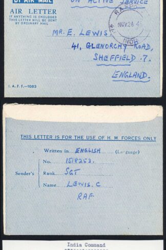 Indian Command 1945 Censored Airmail Lettersheet used in the Free Post Period