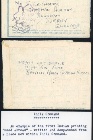 Indian Command 1943 USED ABROAD Censored Airmail Lettersheet