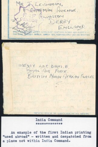 Indian Command 1943 USED ABROAD Censored Airmail Lettersheet