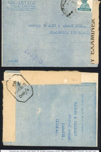 Indian From Karachi to Bradford Woollen Firm 1945 Censored Airmail Lettersheet