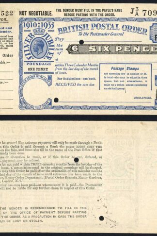 1936 Silver Jubilee 6d Commemorative Postal Order 10th May 1935 CDS